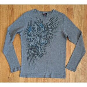 MMA Elite Shirt Mens Medium Grey Thermal Waffle Knit Eagle & Cross Y2K Graphic